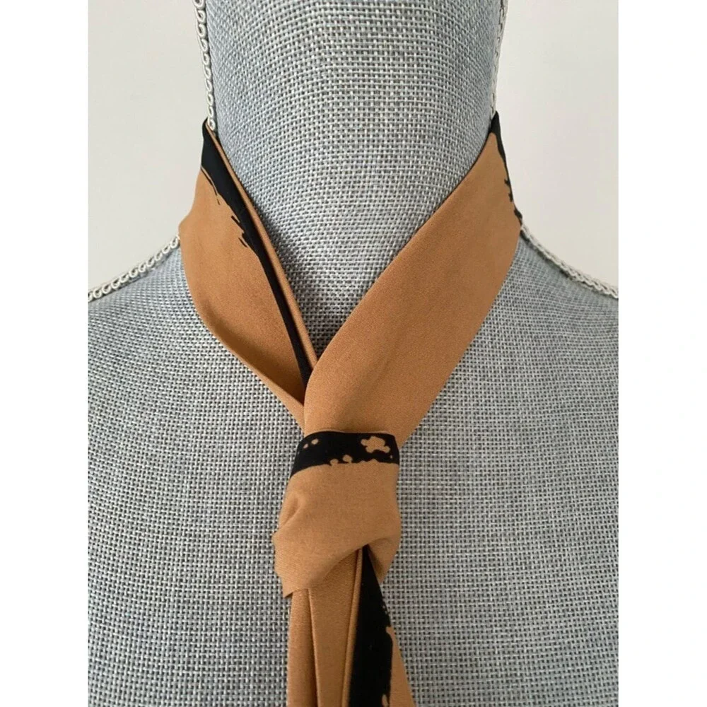 Skinny Scarf Tie in Camel Brown & Black Abstract Print Effortlessly Chic Minimal